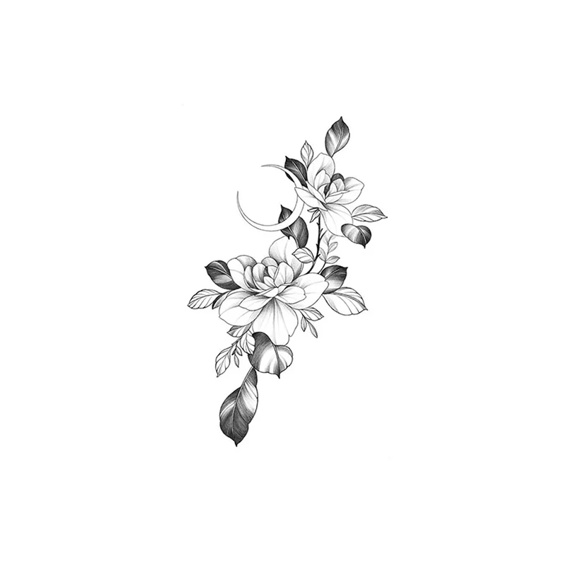 Flower Temporary Tattoo for Women Men Meniscus Moon Tattoos Sticker Sketch Design Black Leaves Fake Tatoo Body Chest Neck Arm