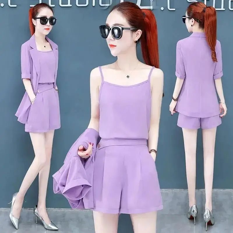 

3PCS Elegant Three Piece Set Women Short Sleeve Coat Thin Camisole Shorts Sets Ladies Solid Korean Fashion Summer OL Suits A346