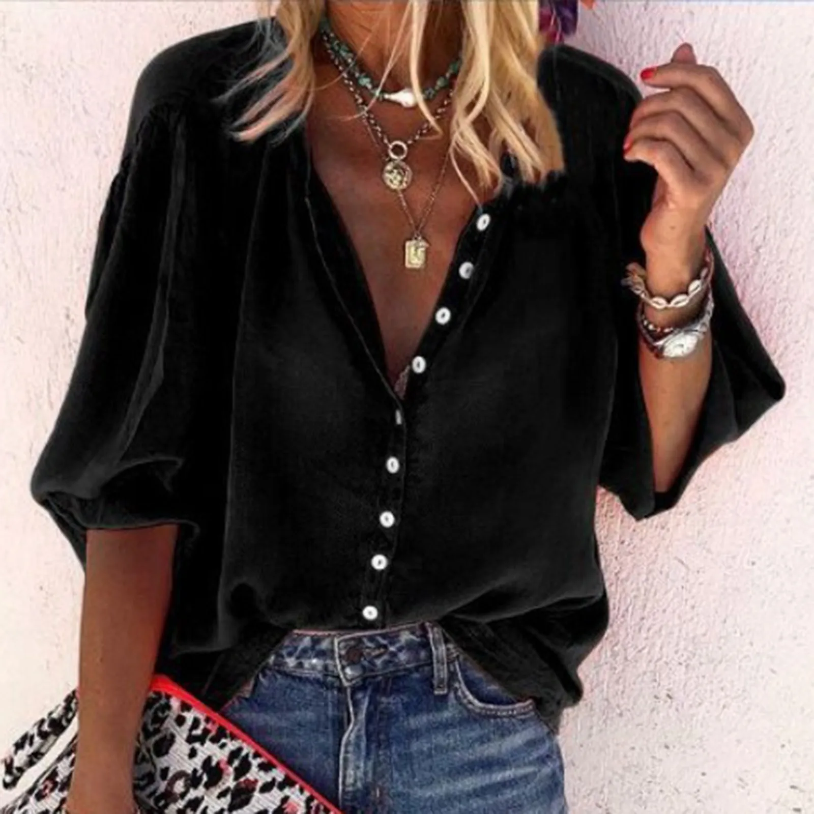 Shirts For Women Casual Three Quarter Sleeve Harajuku Fashion Ladies Tops Button Up Shirt Blouses Et Chemises Blouse - купить по
