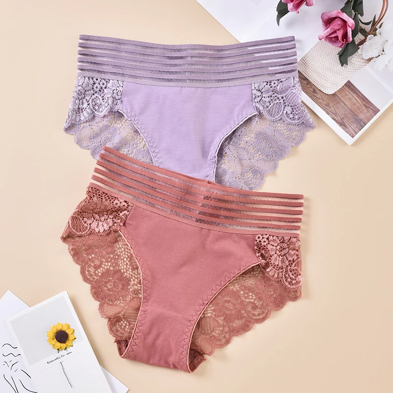 3PCS Plus Size High Waist Women's Panties Lace Sexy Underwear Solid Color Seamless Soft Female Lingerie Briefs