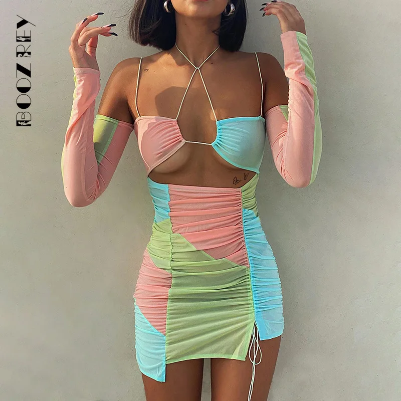 

BoozRey Sexy Mesh Stitching Strapless Halter Shirring Dress for Women Summer Women's Clothing Spaghetti Strap Hollow Out Dresses