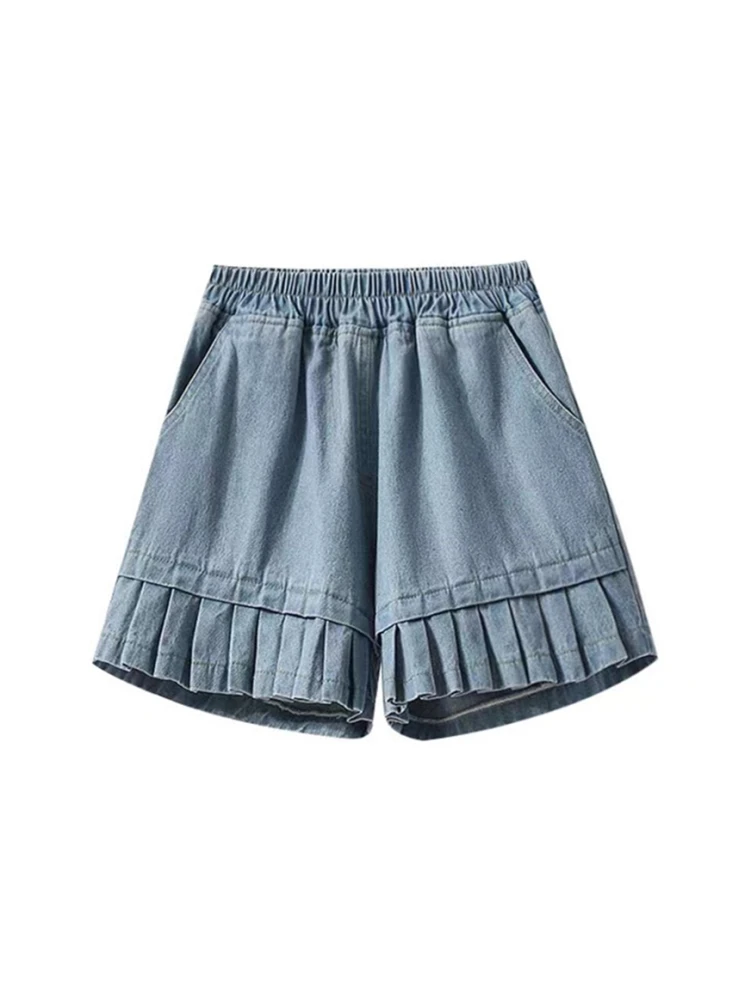 Джинсовые шорты с завышенной талией кружевные синие плиссированные летние новые