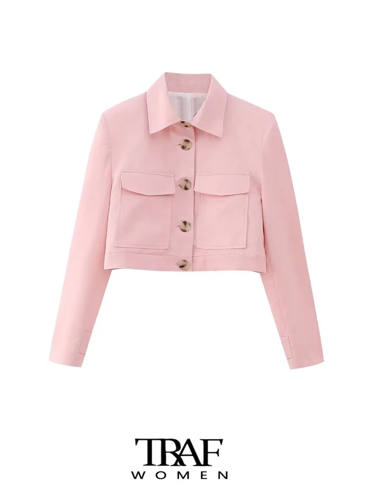 

TRAF Women Fashion With Pockets Cropped Blazer Coat Vintage Long Sleeve Button-up Female Outerwear Chic Tops