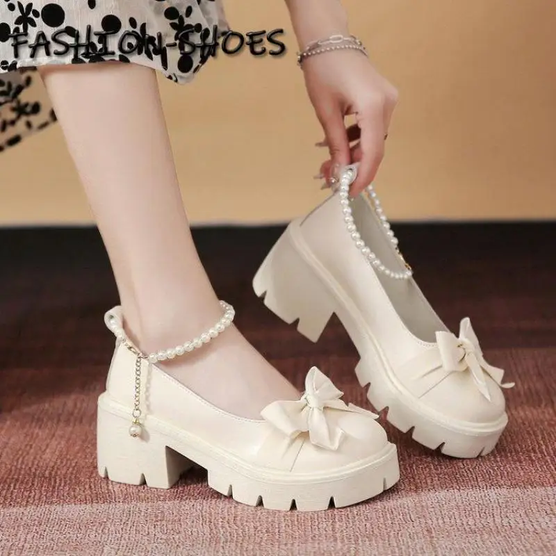 

Women High Heels Pumps Bowknot Chunky Platform Mary Jane Shoes for Women Artificial Pearls Party Slip On Girls Footwear 2022 New