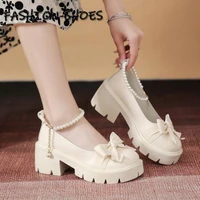 women high heels pumps bowknot chunky platform mary jane shoes for women artificial pearls party slip on girls footwear 2022 new