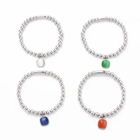 fashion stainless steel 6mm silver beaded geometric square bracelet women lock rainbow opal charm number letter uno jewelry