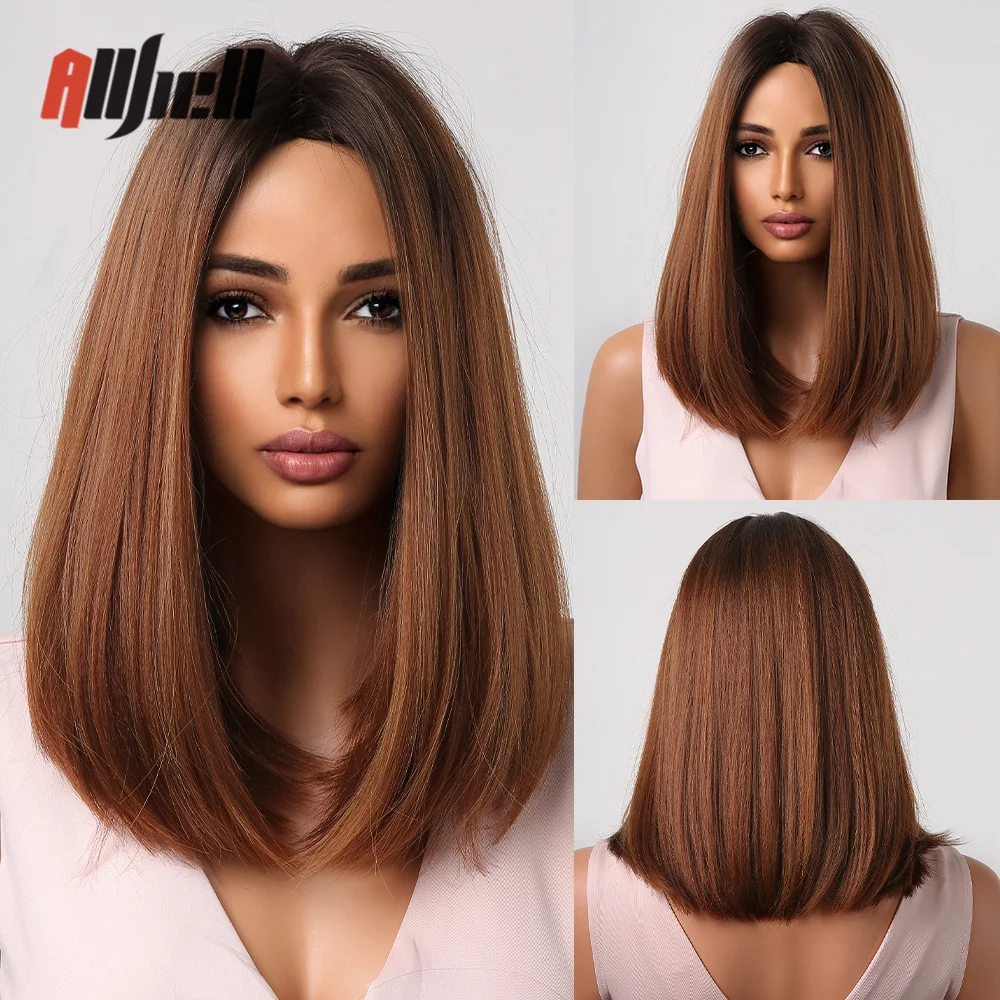 

Copper Brown Ombre Synthetic Bob Hair Wig Medium Long Straight Wigs for Black Women Afro Cosplay Daily Wig Heat Resistant Fiber