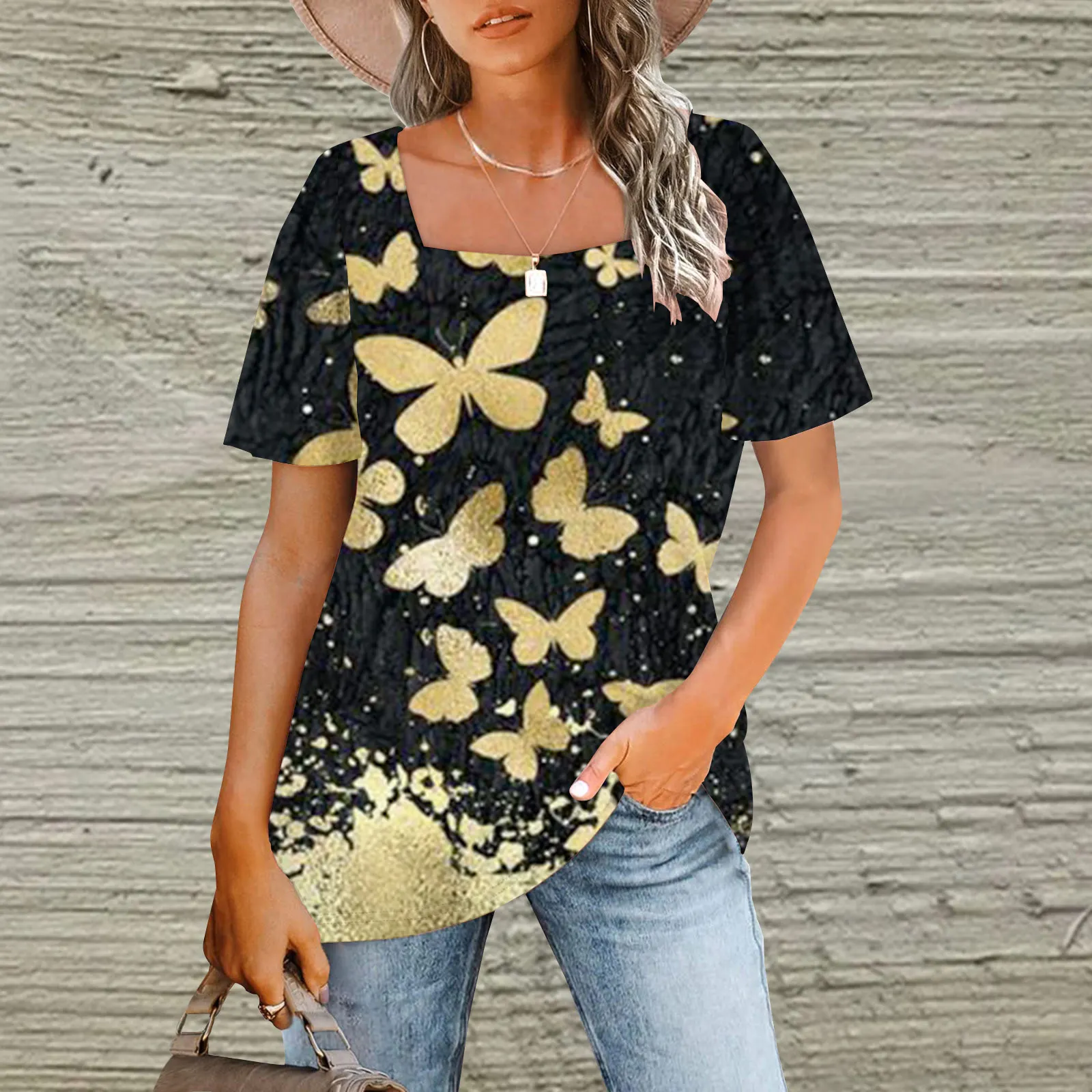 

Square Neck Pullover None Casual Women Other Summer Short Sleeve Bufferfly Polyester T-Shirts Regular T-Shirt