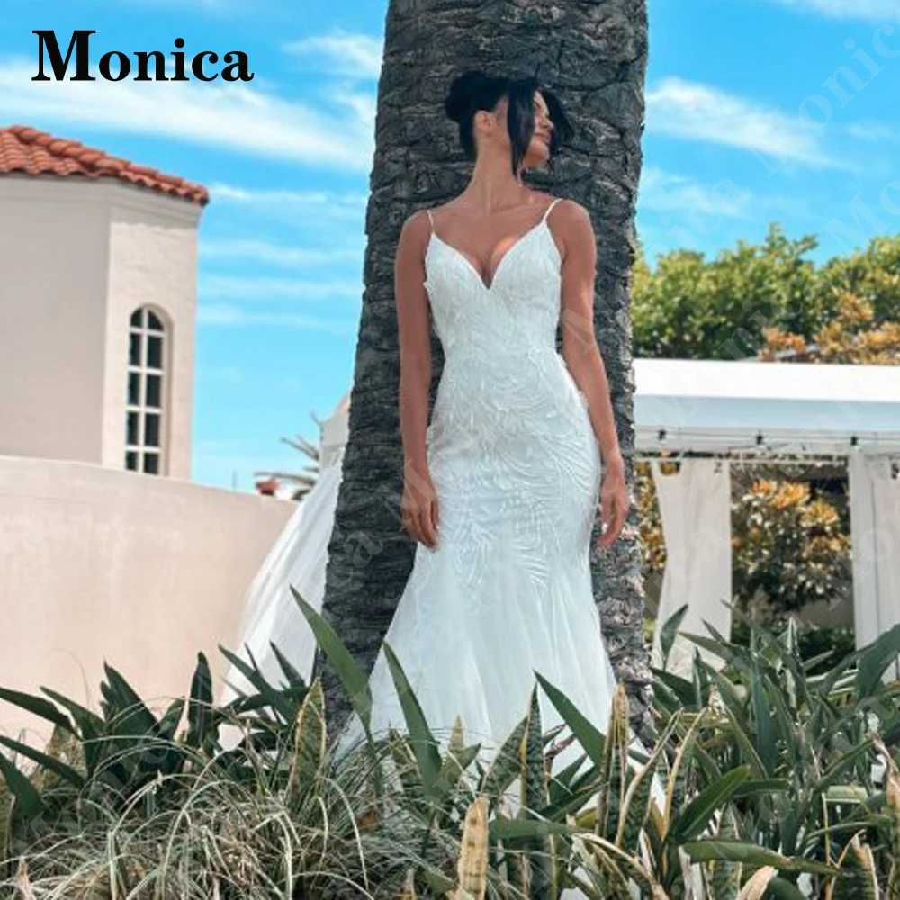 

MONICA Simple Backless Wedding Dresses 2023 Bride Deep V-Neck Spaghetti Straps Mermaid Appliques Court Train Tulle Customised