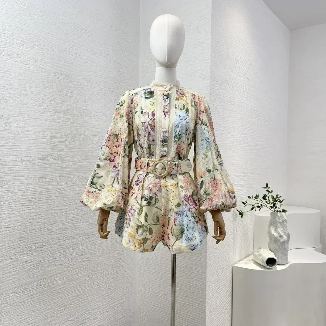 2024 Высококачественный хлопок и лен с цветочным принтом длинным рукавом