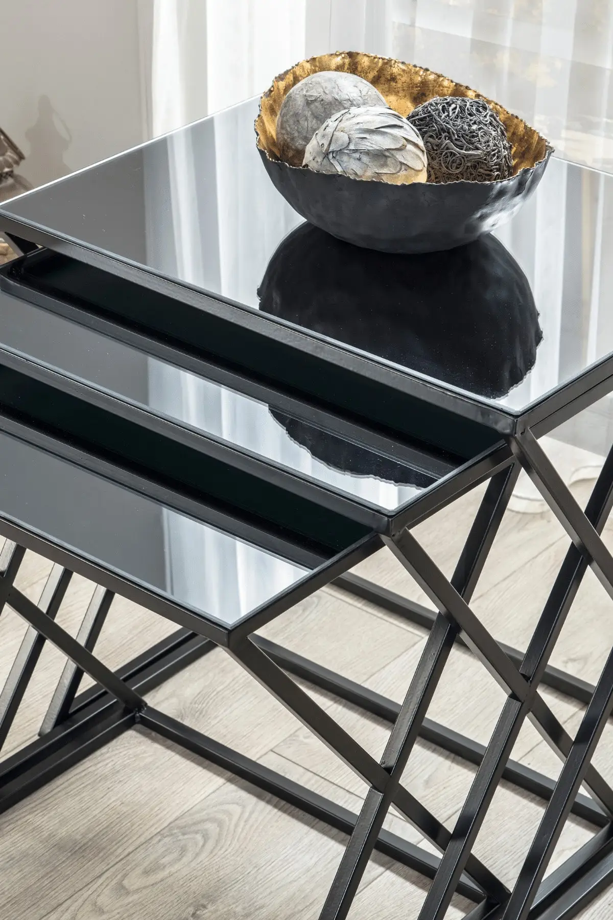 

Venetian Black Metal Pedestal, Smoked Mirrored Zigon coffee table coffee tables table basse furniture living room table