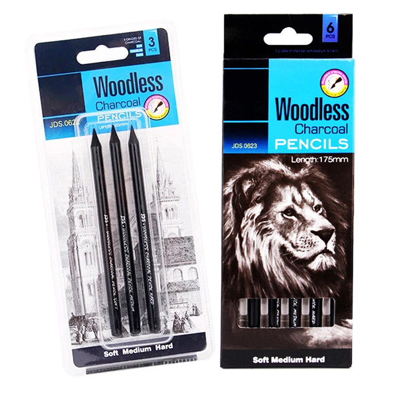 

3/6pcs Professional Pure Carbon Sketch Pens Art Sketching Drawing Painting Hard/Medium/Soft Woodless Charcoal Pencil Set