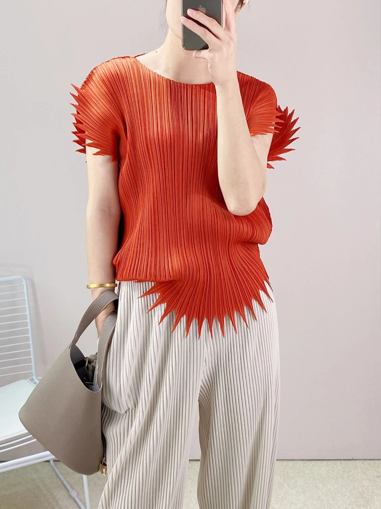 

Miyaks Pleated Womenoversized T Shirt Tops Fashion Loose O-neck Solid Serrated Female T-shirts 2022 Summer New T Shirt Women