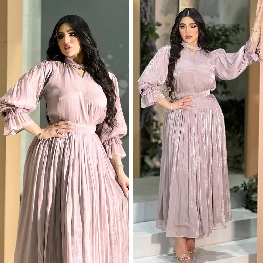 

Элегантное скромное вечернее длинное платье из Турции и дубая для женщин, мусульманское модное Плиссированное атласное платье для вечерин...