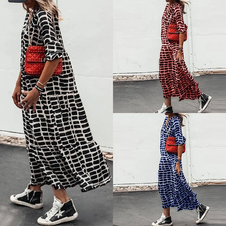 

Autumn 2022 New Style Casual Print V-Neck Swing Long Dress