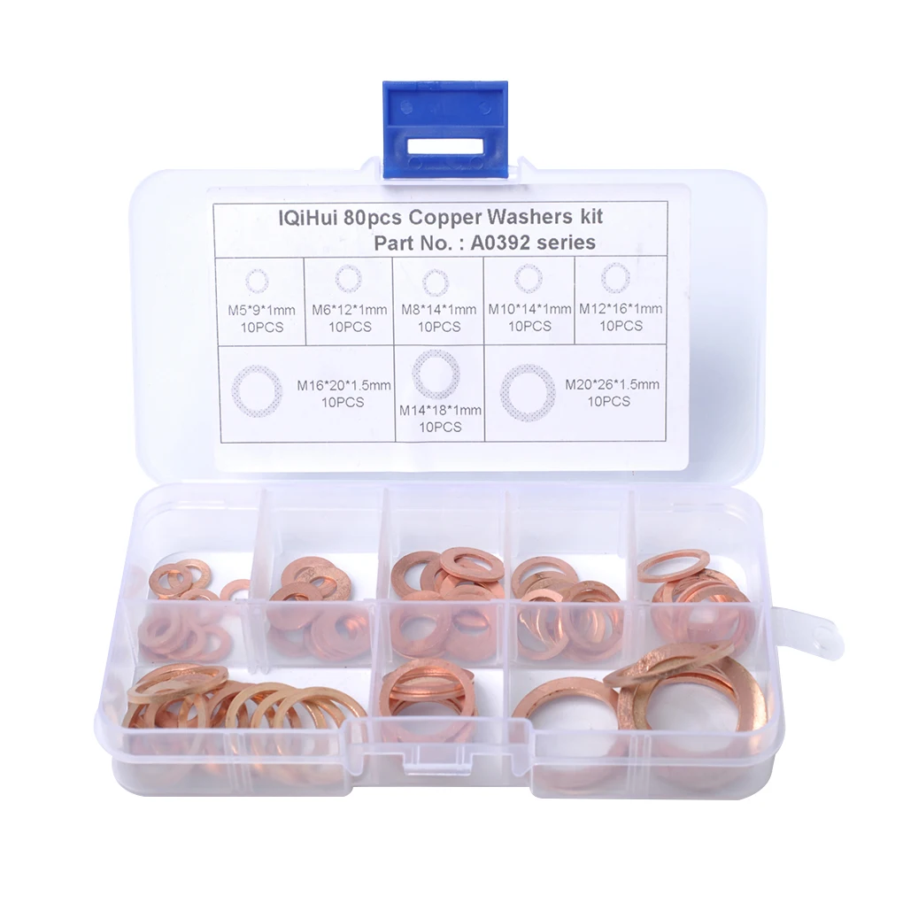 

80 Pieces Copper Crush Washers Gasket Spacer Flat Ring Brake Metric Sealing Washer Fastener Gaskets Assortment Kit