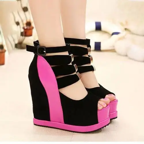 

Woman Shoes Wedges High Heel 14cm Peep Toe Mixed Colors Sexy Shoes Summer Genuine Women Platform Thick Soles Sandals