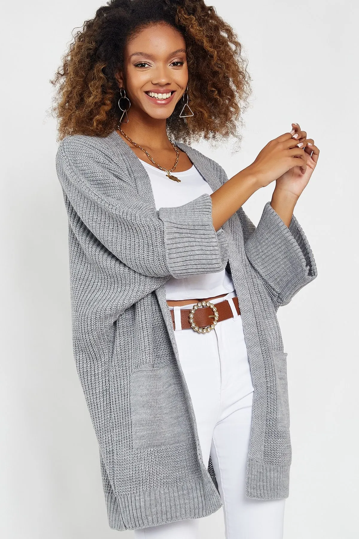 

Women's Cardigan Double Sleeve Loose Knit Gray Casual Knitted Quality Fashion Cardigan Sweaters Loose Sweater Jumper