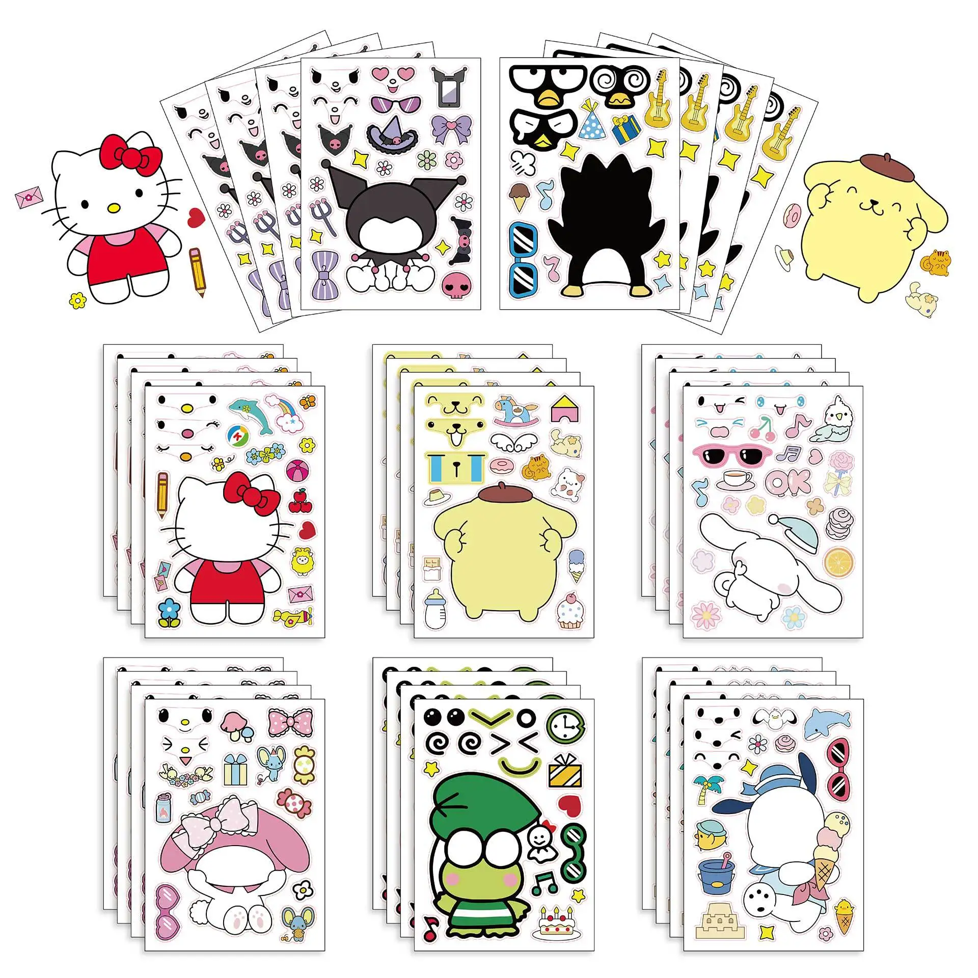 

8/16Sheets Sanrio Kuromi Children Puzzle Stickers Make-a-Face Funny Assemble Jigsaw DIY Cartoon Sticker Kids Educational Toys