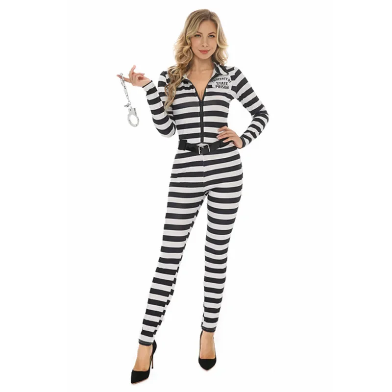 Хэллоуин в полоску Escaped Prisoner Косплей Комбинезон Ночной Клуб Связывание Вечеринка