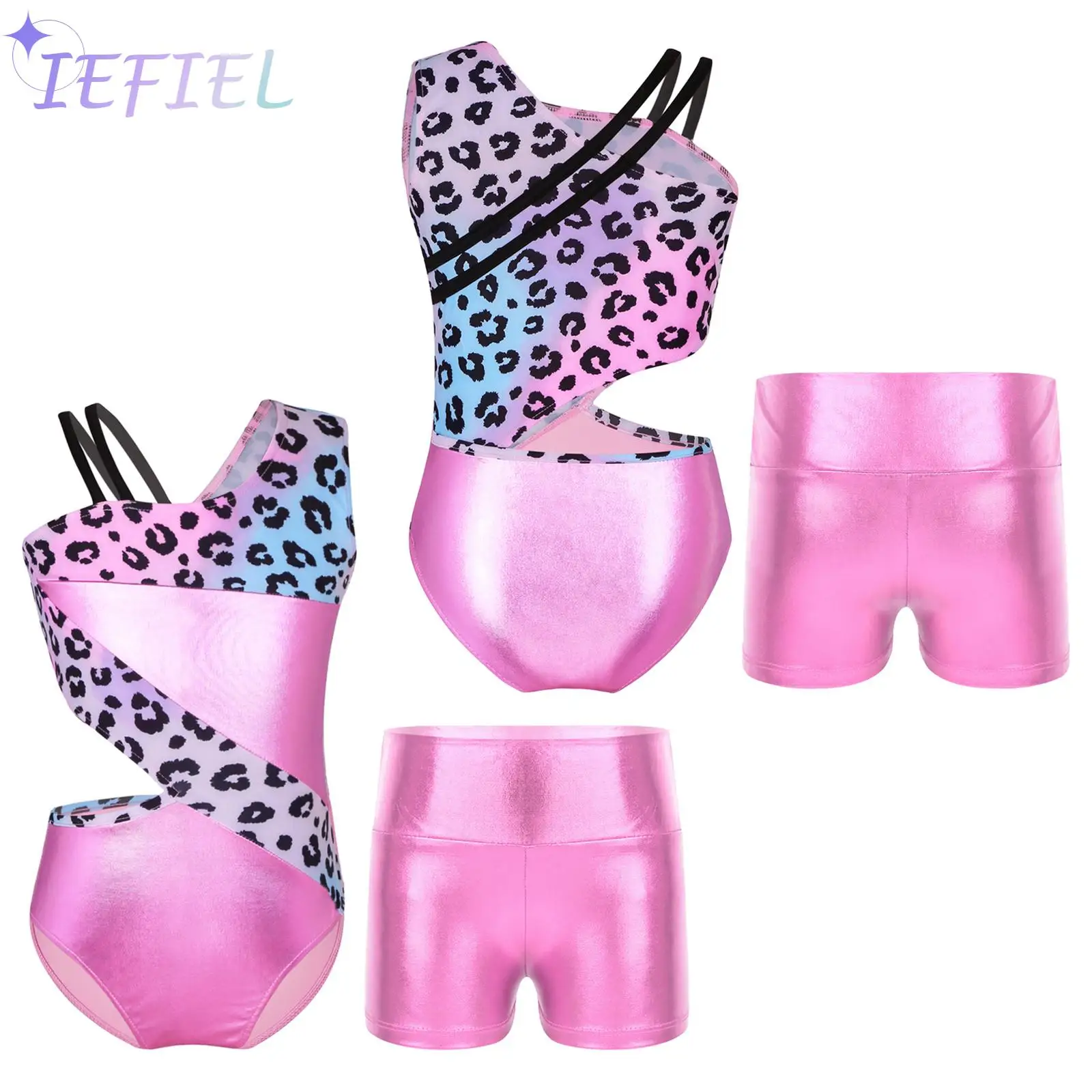

Kids Athletic Activewear Set Girls Jazz Ballet Dance Performance Leotard for Rhythmic Gymnastics Outfits Workout Biketard Shorts