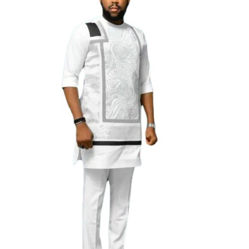 Muslim Fashion Men Suit African Arab Ethnic Style Digital Printing Long-sleeved Set Kurta Men Arabic Shirt European Clothing