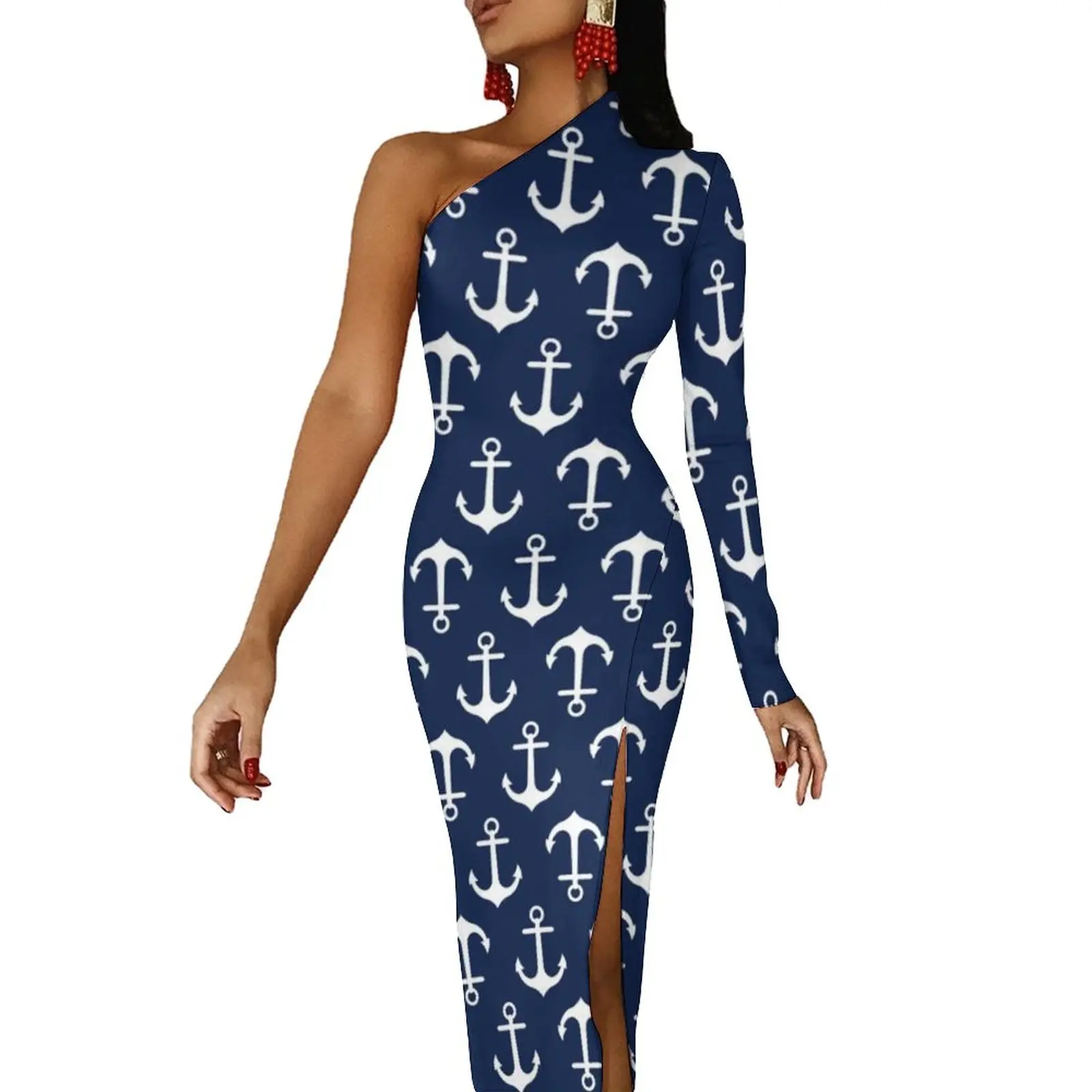 

Navy Blue Nautical Long Dress Ladies Anchor Pattern Party Maxi Dress Spring Elegant Bodycon Dresses Side Split Printed Vestido