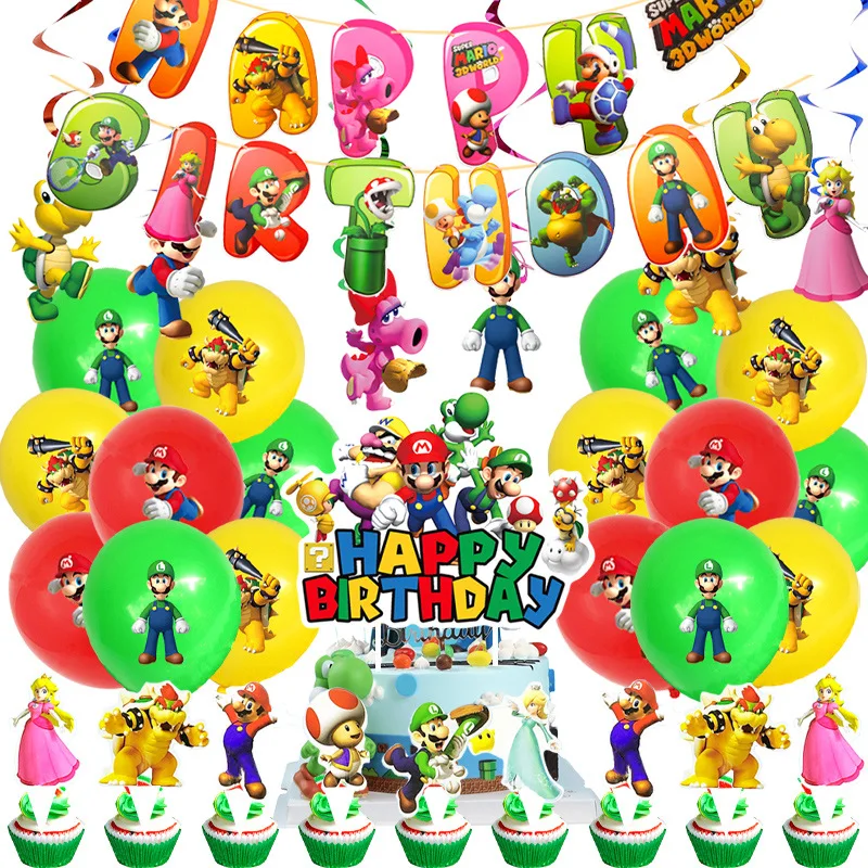 

Super Mario Bros 18pcs Balloons Cartoon Theme Birthday Party Decorations Anime Figures Luigi Yoshi Pull Flag Decoration Supplies