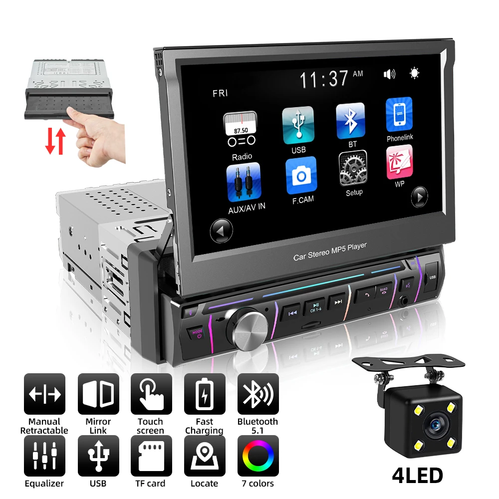 

7-дюймовый Автомобильный Радиоприемник С Выдвижным Сенсорным Экраном, Mirrorlink, Bluetooth, Голосовым Помощником, FM, 1DIN