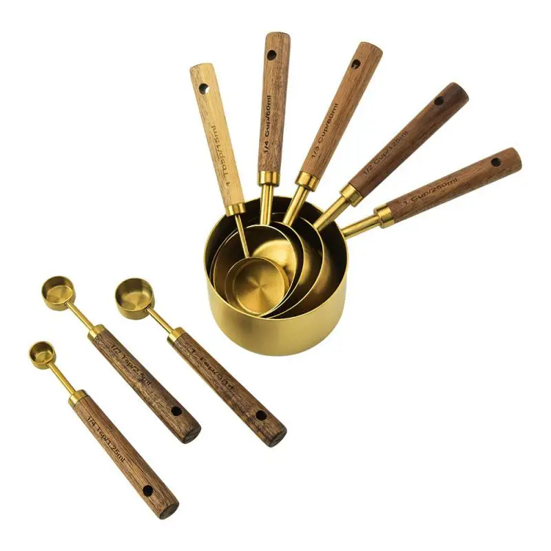 

Eight-piece Set Kitchen Baking Tool Scale Measuring Spoon Set Acacia Wooden Handle Stainless Steel Measuring Cup Measuring Spoon