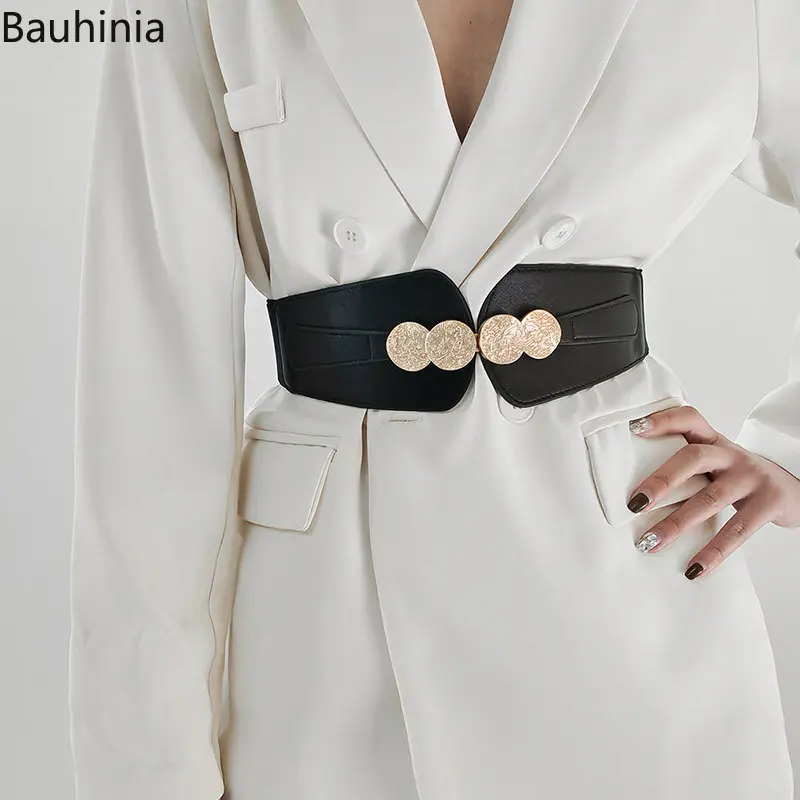 Bauhinia Ladies Elastic Wide Waistband PU Leather Waist Belt Dress Coat Sweater Decorative Stretchable Elasticity