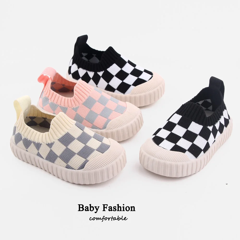 

Checkerboard Plaid Children'S Shoes Flat Shoes Knitted Soft Bottom Non-Slip Indoor and Outdoor Toddler Soft Bottom Toddler Shoes