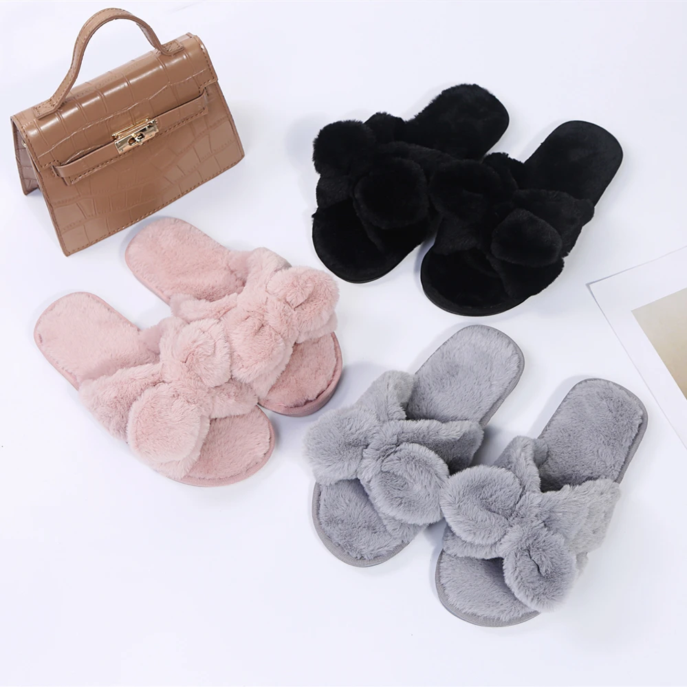 2021 Winter New Indoor Bow-Knot Women Fur Slippers Gray Pink Solid Faux Fur Warm Plush Shoes Home Ladies Fluffy Slippers