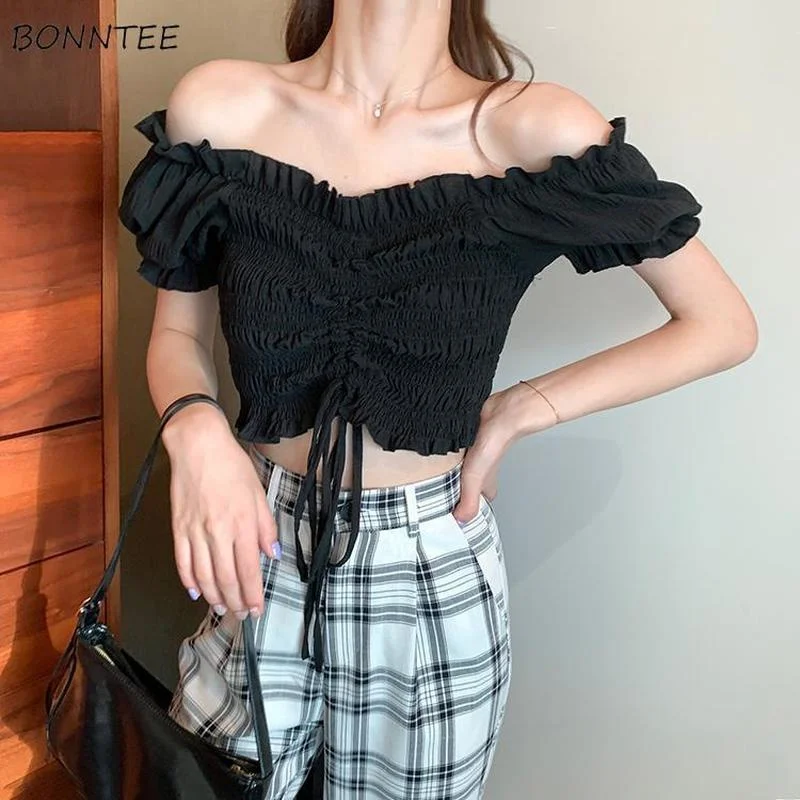 

Блузка женская со шнуровкой, милая летняя трендовая укороченная универсальная Клубная одежда для отдыха с пышными рукавами, топы в стиле Харадзюку