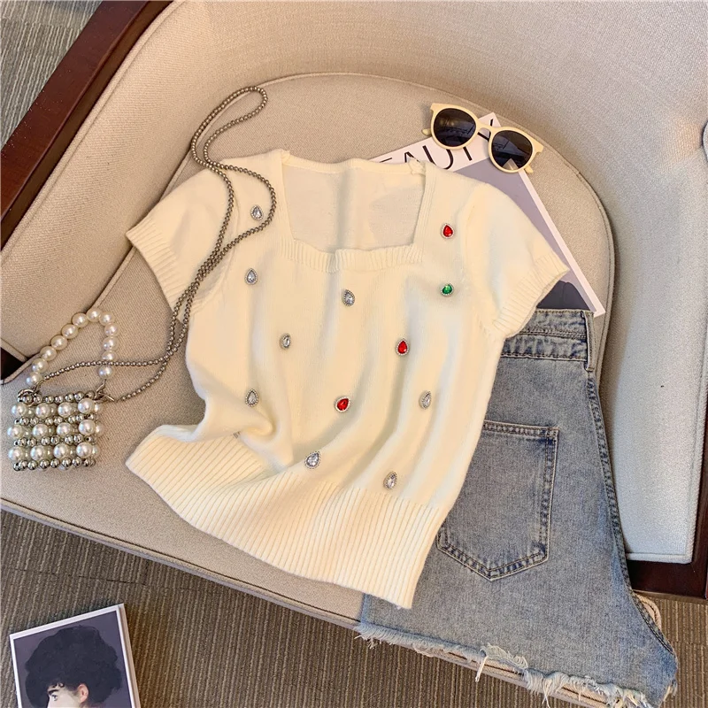 Женский трикотажный пуловер с цветными стразами модная футболка в Корейском