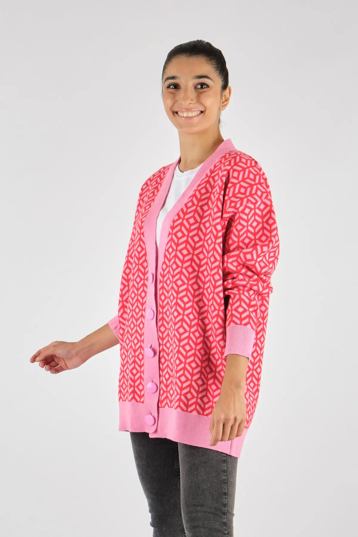 

Women's Cardigan Geometric Pattern Red-Pink Casual Knitted Quality Fashion Cardigan Sweaters Loose Sweater Jumper