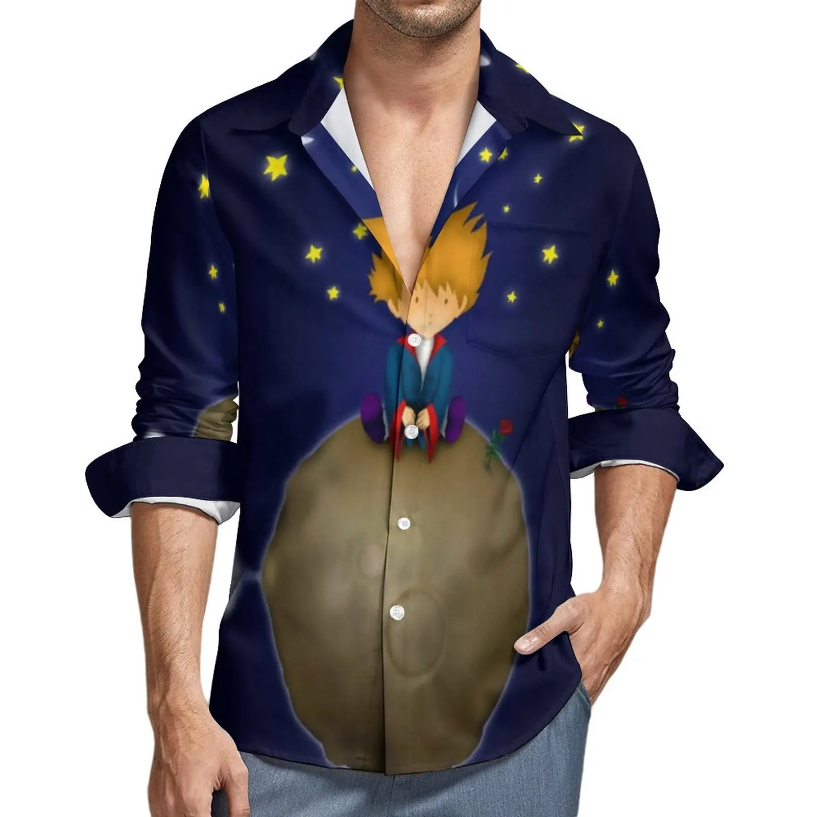 

Рубашка мужская с принтом звезд и Луны, с длинным рукавом, размеры до 4XL