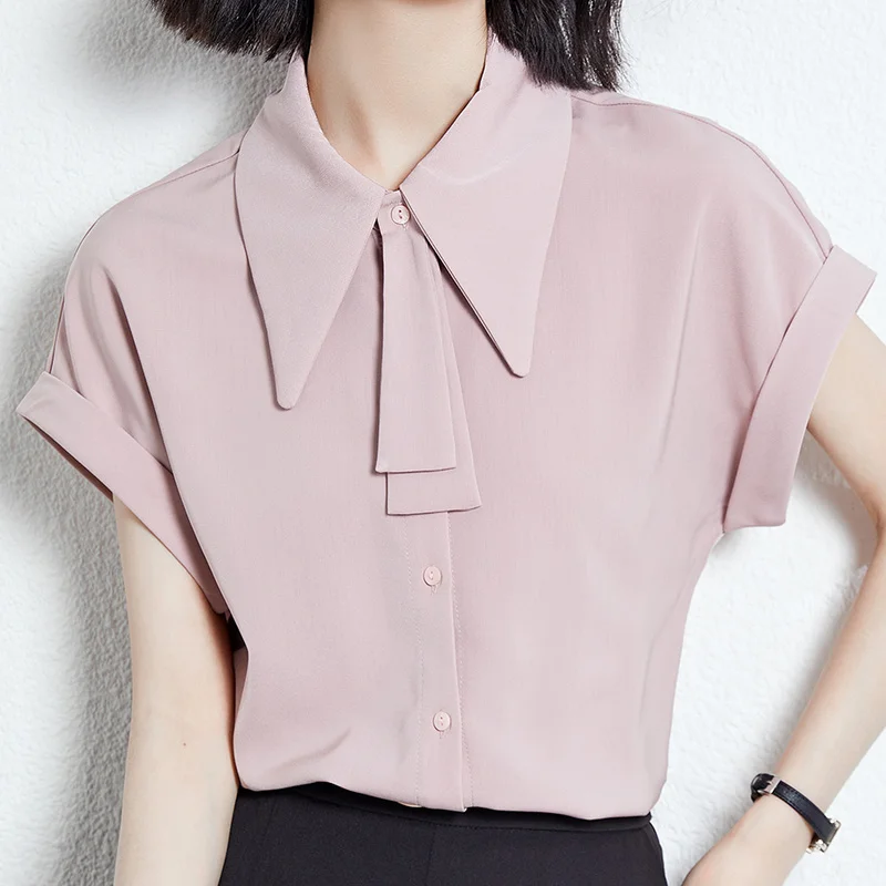 

Шифоновый кардиган, рубашка поло с вырезом, женская летняя блузка с коротким рукавом, с бантом, на пуговицах, Женская Повседневная модная оф...
