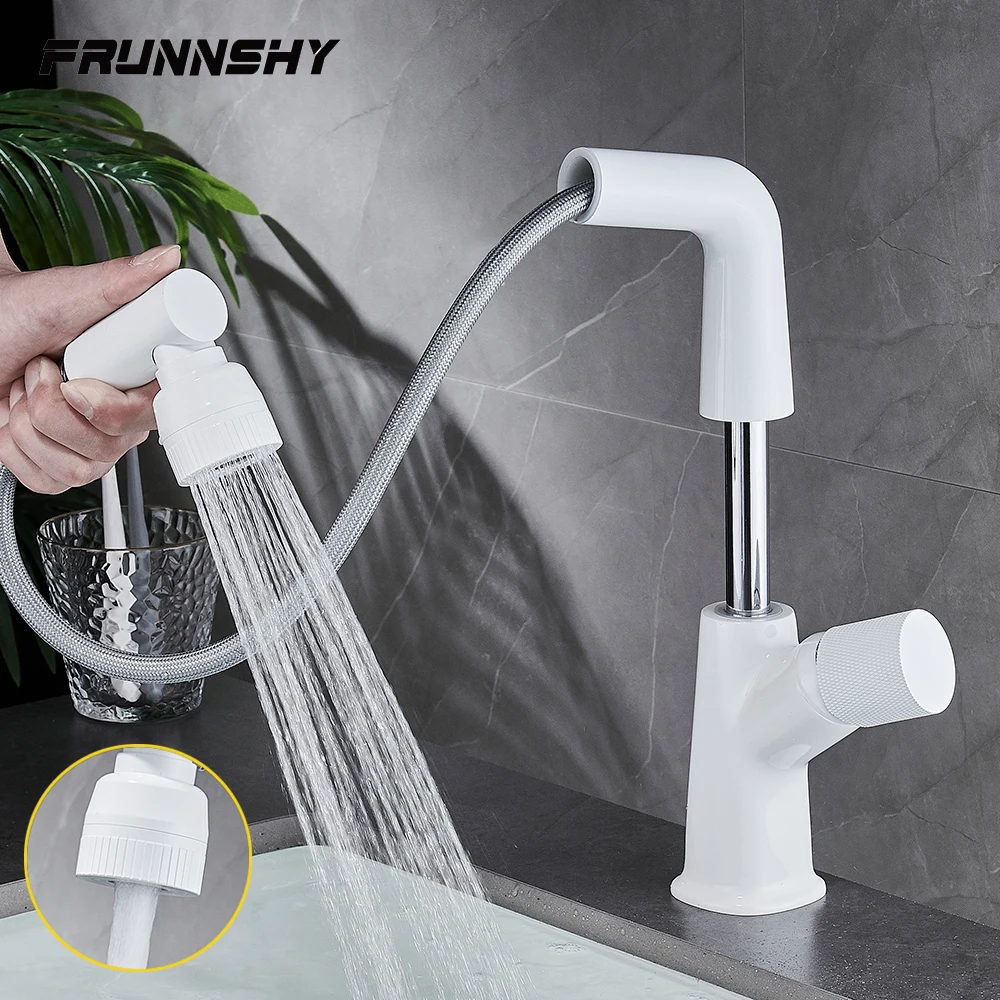 

Смеситель для раковины в ванную комнату, выдвижной смеситель для раковины с двойным распылителем, латунный смеситель с креплением на раковину, черные/белые смесители для раковины FR607