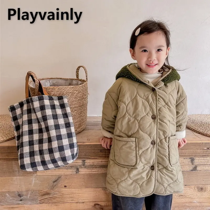 

Зимнее пальто для девочек, утепленная одежда с длинным рукавом из хлопка и овечьей шерсти в стиле пэчворк, теплое пальто с капюшоном, Детска...