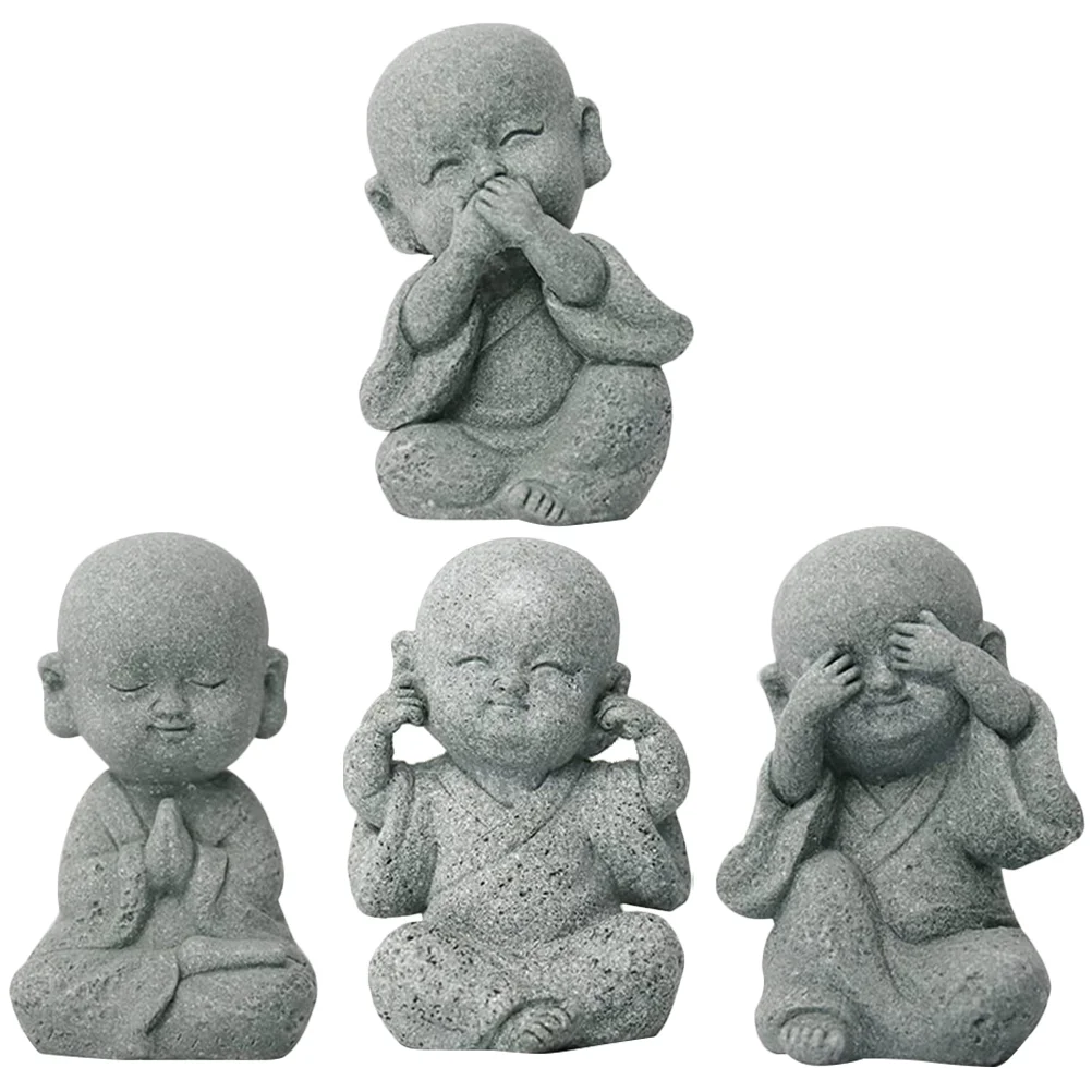 

4 Pcs Baby Buddha Statue Monk Figurine Household Decor Mini Statues Sandstone Little Figurines Fish Tank Home