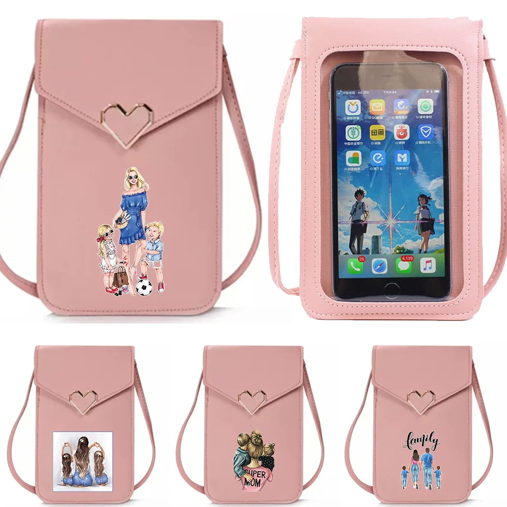

Pu Leather Touch Screen Mobile Phone Bag Wallets Card Pack Mom Pattern Handbag Women's Shoulder Crossbody Bags Cell Phone Purse