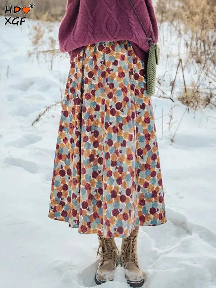 

Autumn Winter Corduroy Printing Umbrella Skirt Vintage Elastic High Waist Pleated A-line Skirts Women Temperament Elegant Skirts