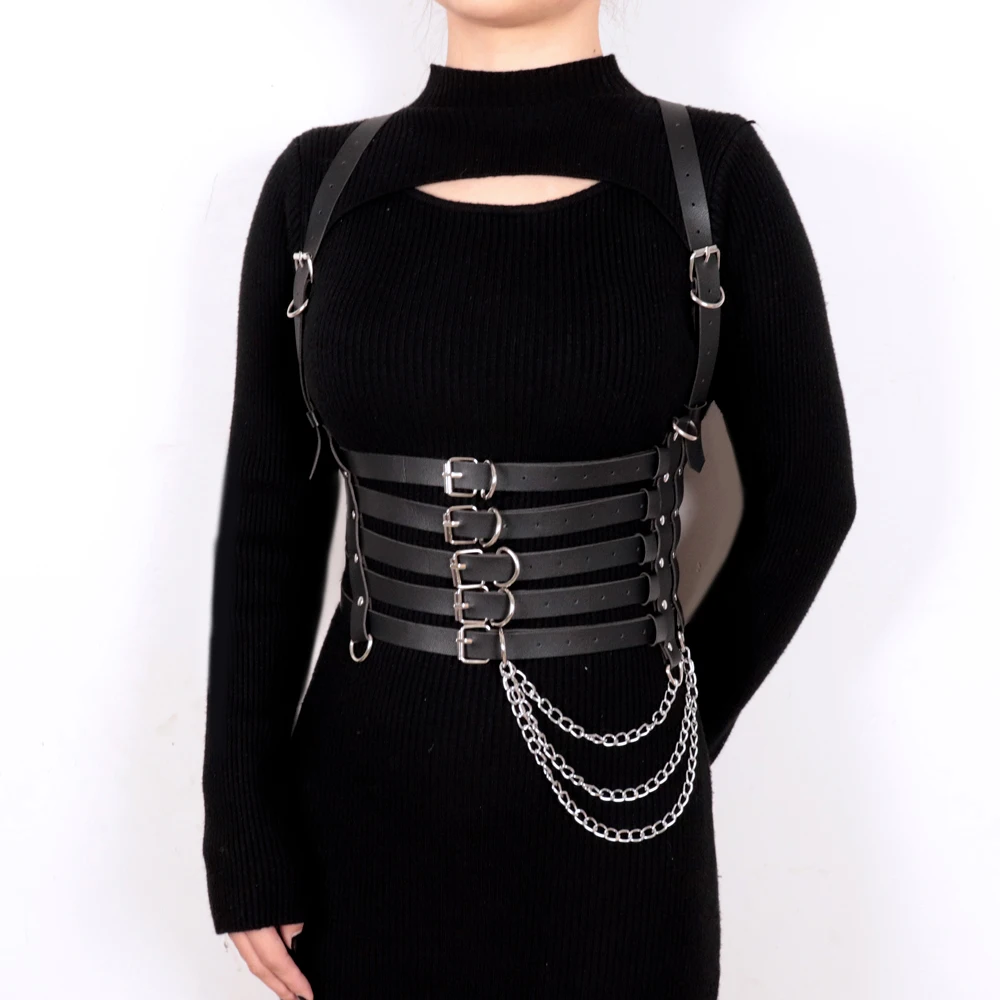 

Women Sexy Black Leather Waist Body Harness Bondage Vest Suspenders Belt Fashion Waist Chain Accessories Party Rave Fashion