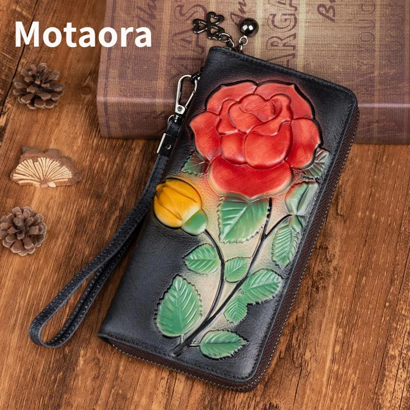 MOTAORA Retro Genuine Leather Women Long Wallets For Ladies Card Holder Female Zipper Hand Bag Embossed Cowhide Phone Purse New