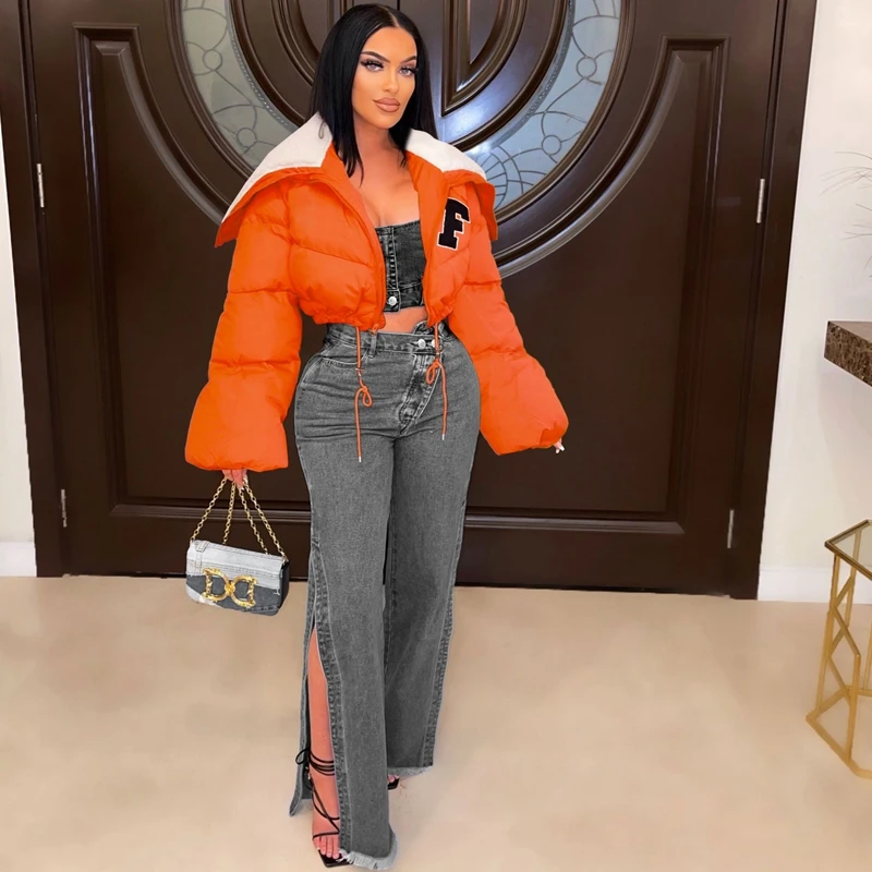 2022 Casual Solid Letter Embroidery Parkas Long Sleeve Zipper Cropped Puffer Jackets For Women Winter Drewstring Warm Thick Coat