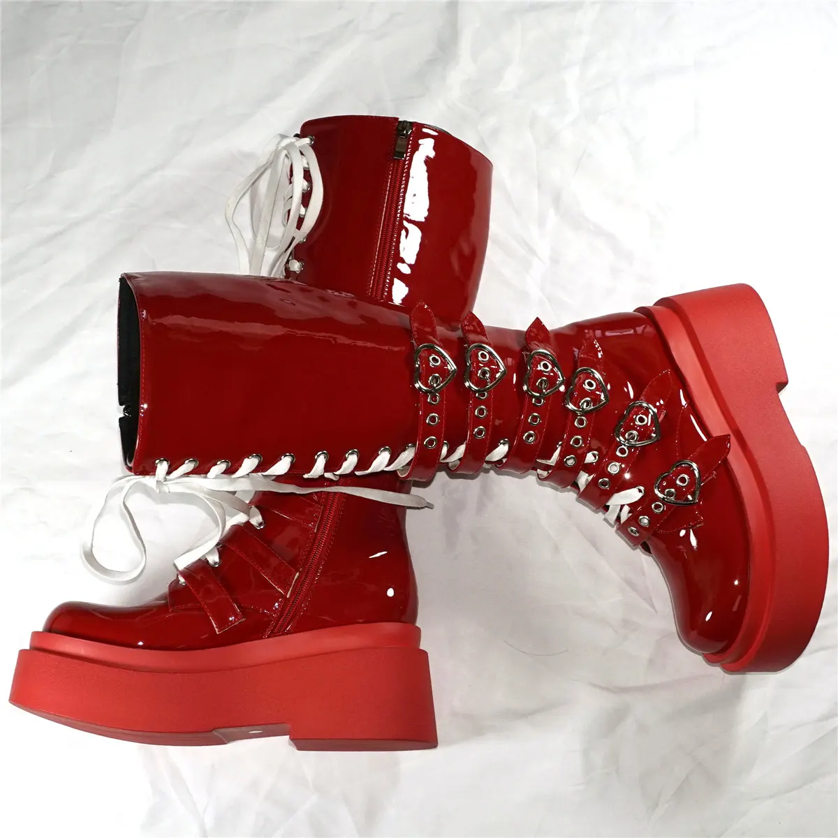 Fashion Sneakers Women Lace Up Patent Leather Super High Heels Thigh High Boots Female Round Toe Platform Pumps Casual Shoes