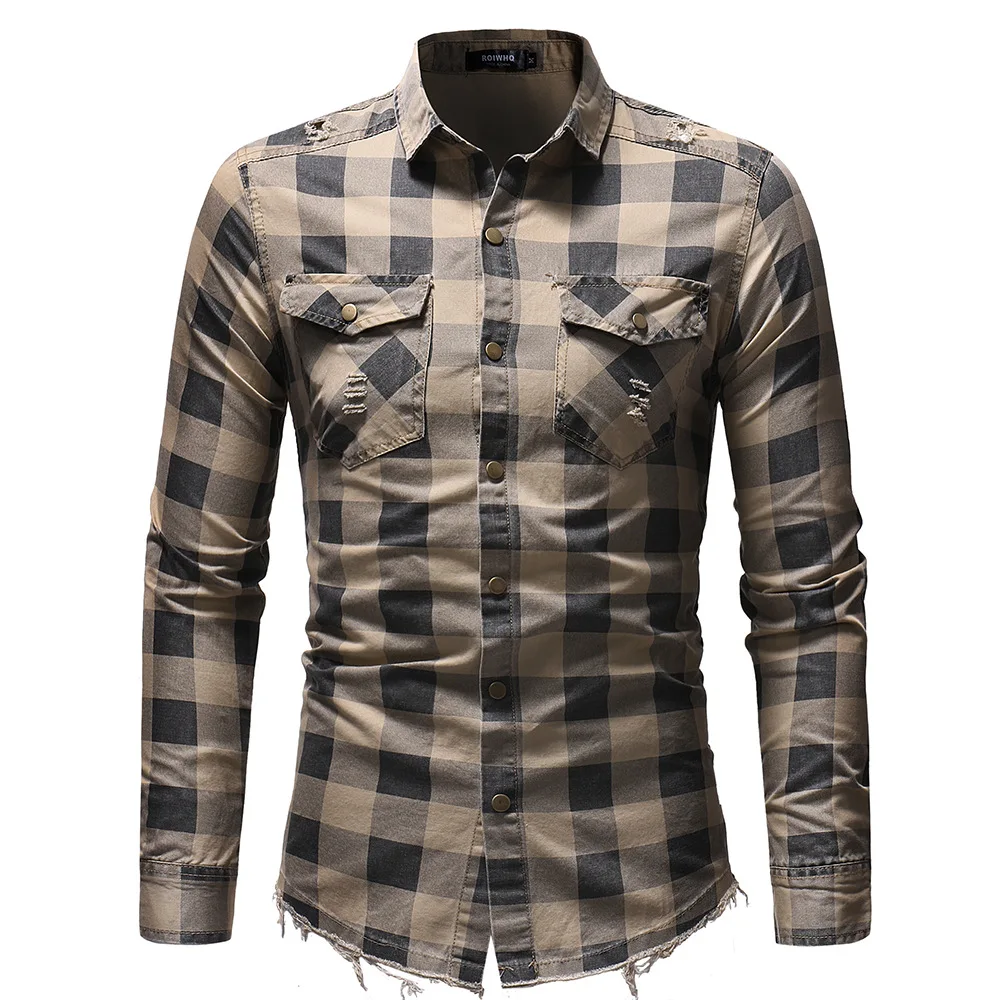 2022 New Mens Shirts Checked Stand Neck Casual Ripped Spring Tops Mens Clothing