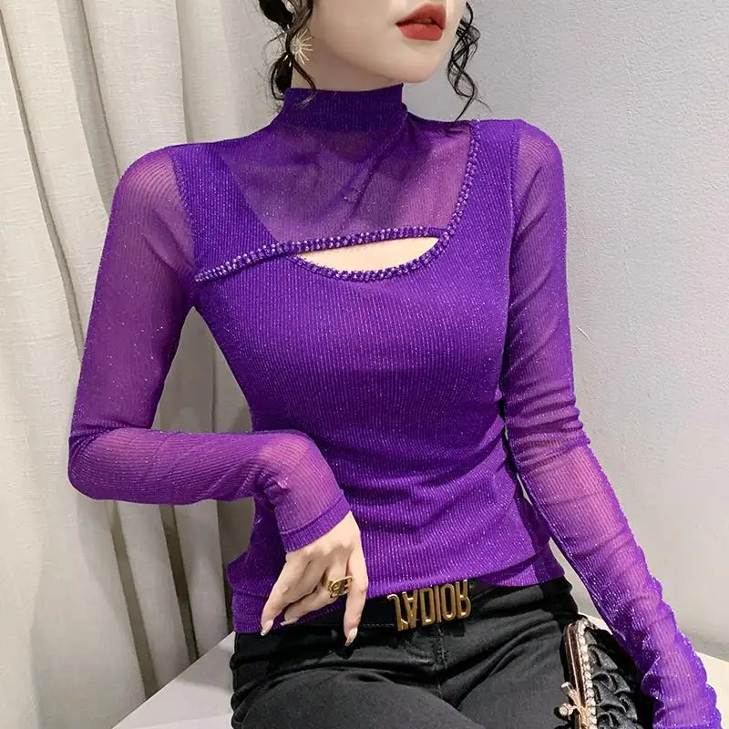 

New Slim Slim Fashion Mesh Heavy Work Nailed Beads Western-style Versatile Bottom Shirt Women's T-Shirt