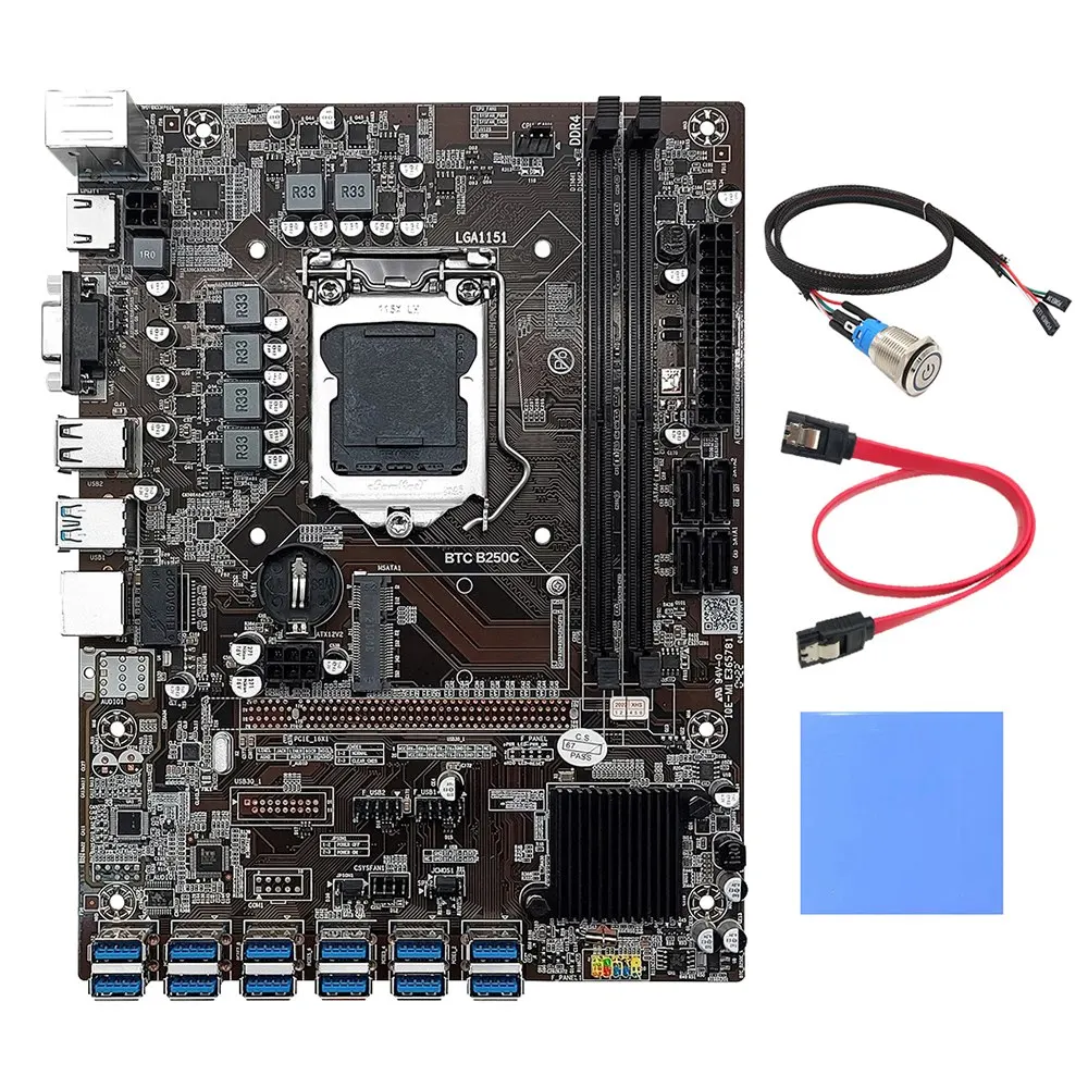 

Материнская плата B250C 12 Card BTC для майнинга + кабель коммутатора (1 м) + термоподушка + кабель SATA 12XUSB3.0 для PICE X1 LGA1151 DDR4 RAM MSATA